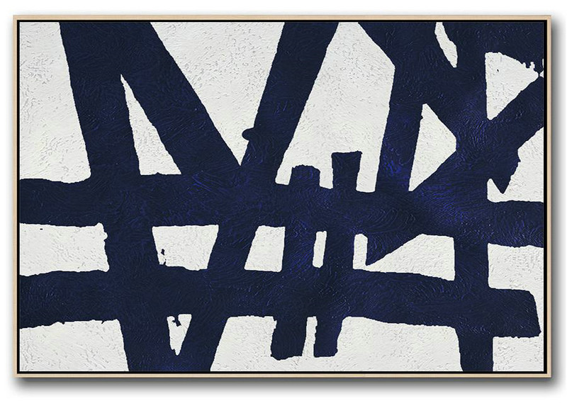Large Colorful Wall Art,Horizontal Abstract Painting Navy Blue Minimalist Painting On Canvas,Oversized Canvas Art